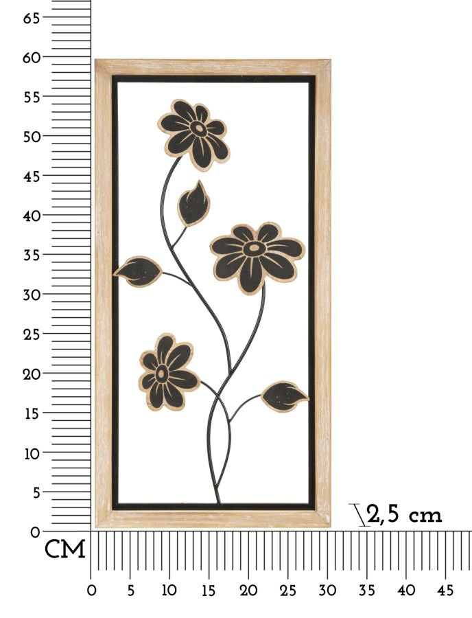 Fekete Fém és Fa Virágos Fali Dekoráció Szögletes Keretben