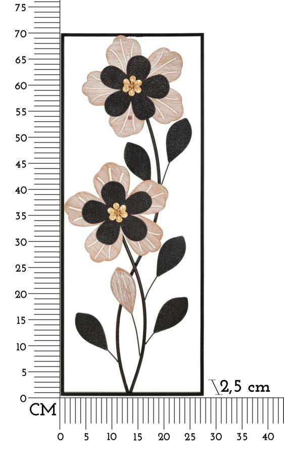 Fekete Fém és Fa Virágos Fali Dekoráció Szögletes Keretben