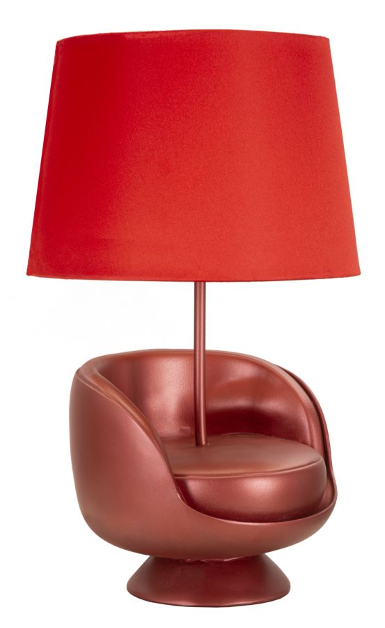 Piros színű, mid-century stílusú asztali lámpa textilernyővel – retro akcent