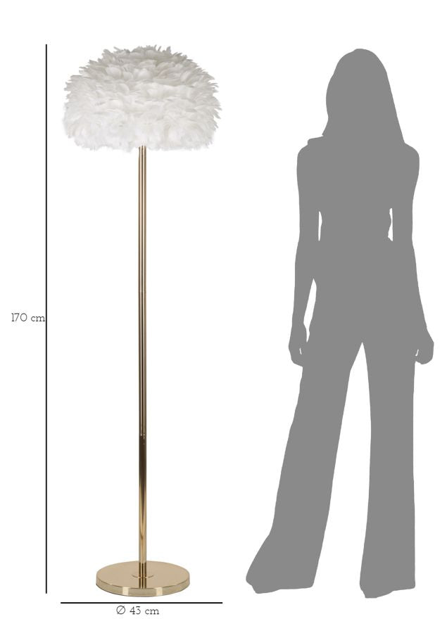 Fehér színű, karcsú állólámpa tollas ernyővel – Feathers kollekció