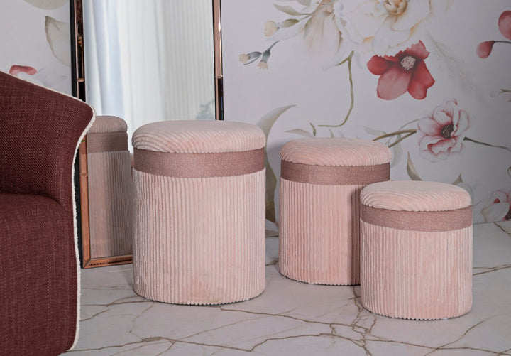 3 db rózsaszínű kárpitozott tárolópuff – Curtain Box kollekció