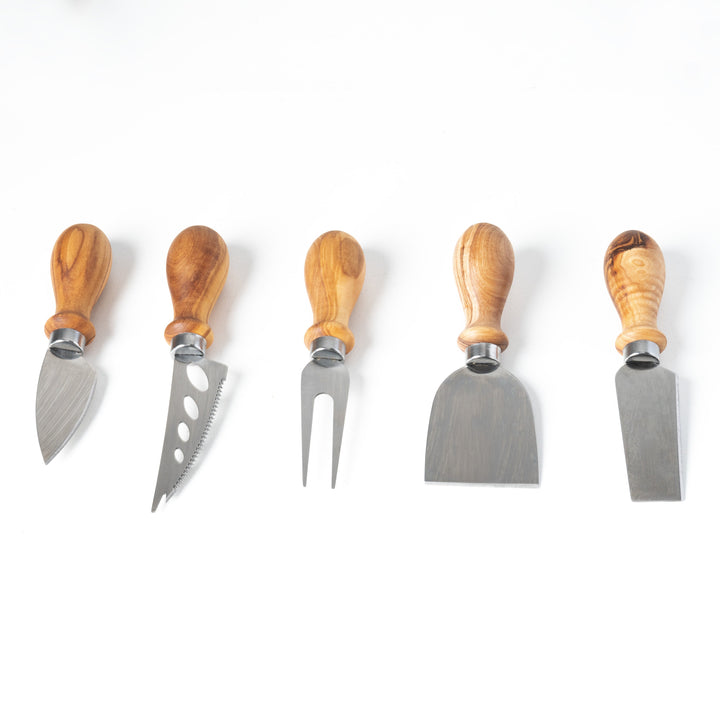 Kézműves olajfa és fém sajtkés készlet (5 db-os)