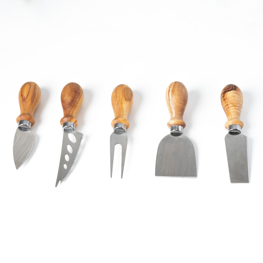 Kézműves olajfa és fém sajtkés készlet (5 db-os)