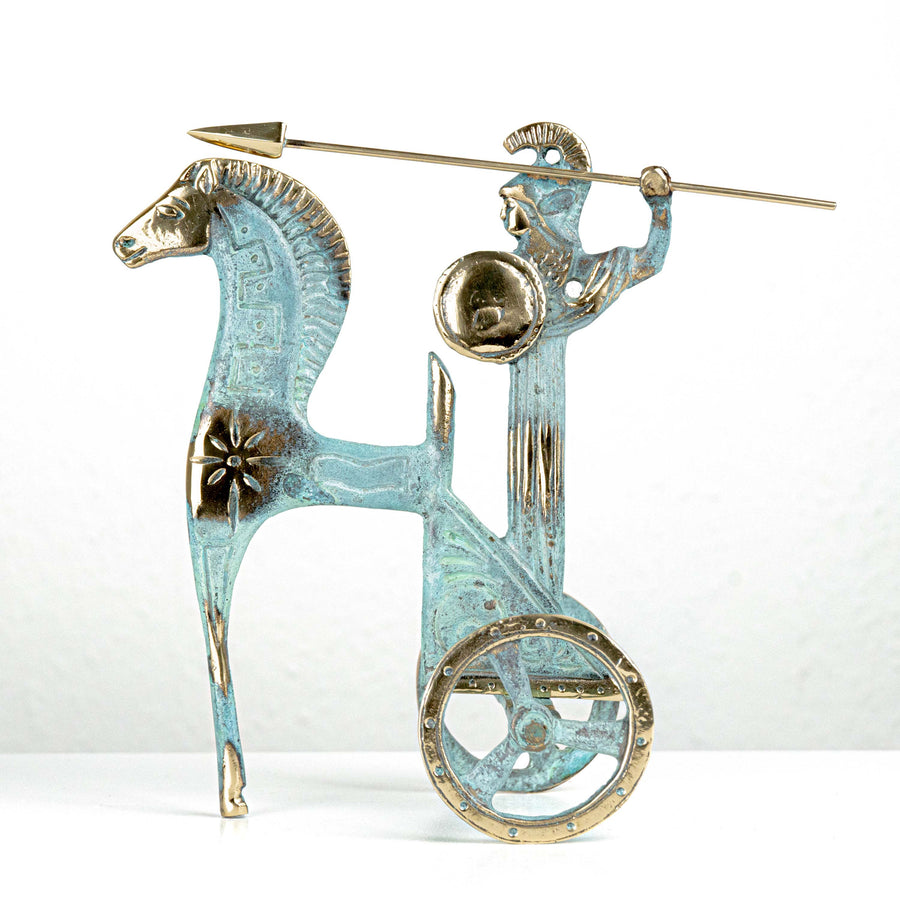 Athéné harci szekéren szobor (Lándzsával és pajzzsal, sárgaréz szobor)