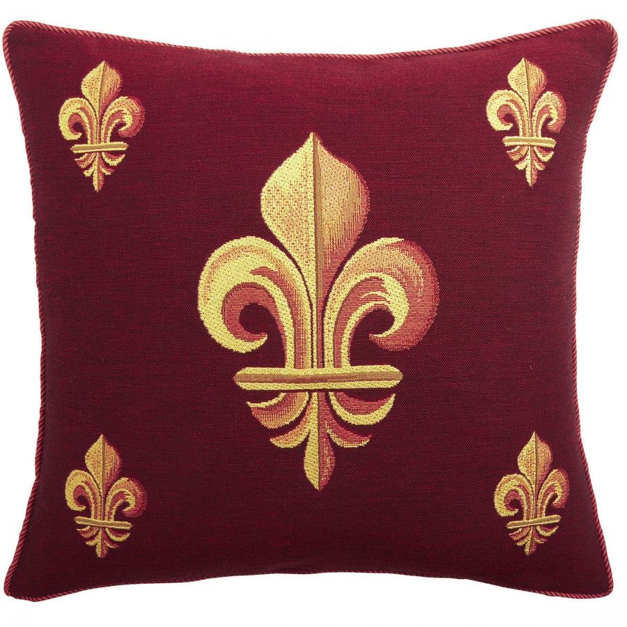 Piros párnahuzat, öt arany liliommal (fleur-de-lis) (jacquard szövés)