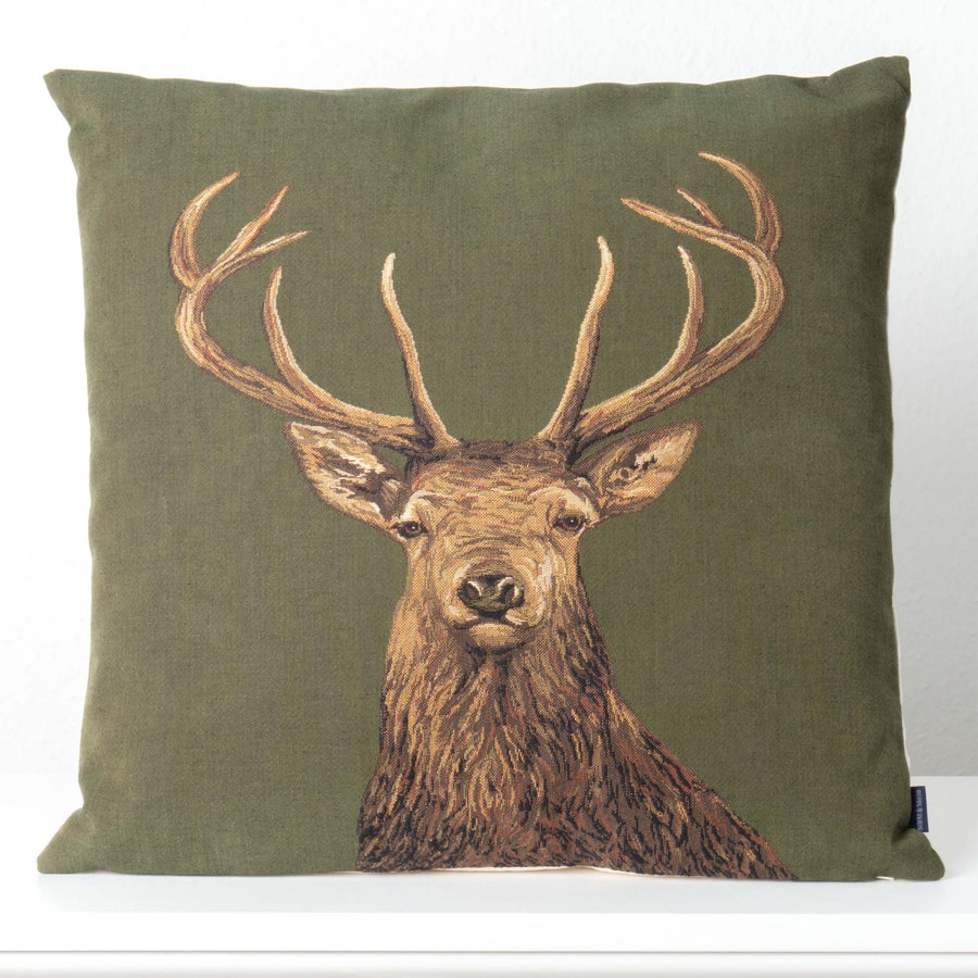 Zöld Díszpárna Őz Motívummal (gobelin szövés)