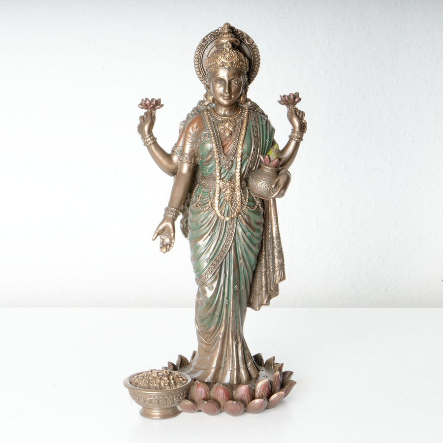 Lakshmi istennő szobor – A jólét szimbóluma (Hidegen öntött bronz szobor)