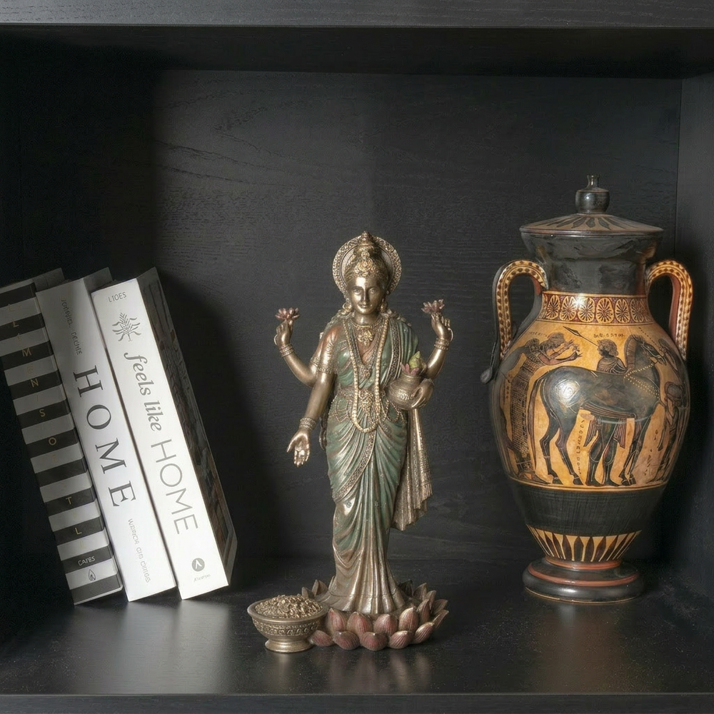 Lakshmi istennő szobor – A jólét szimbóluma (Hidegen öntött bronz szobor)