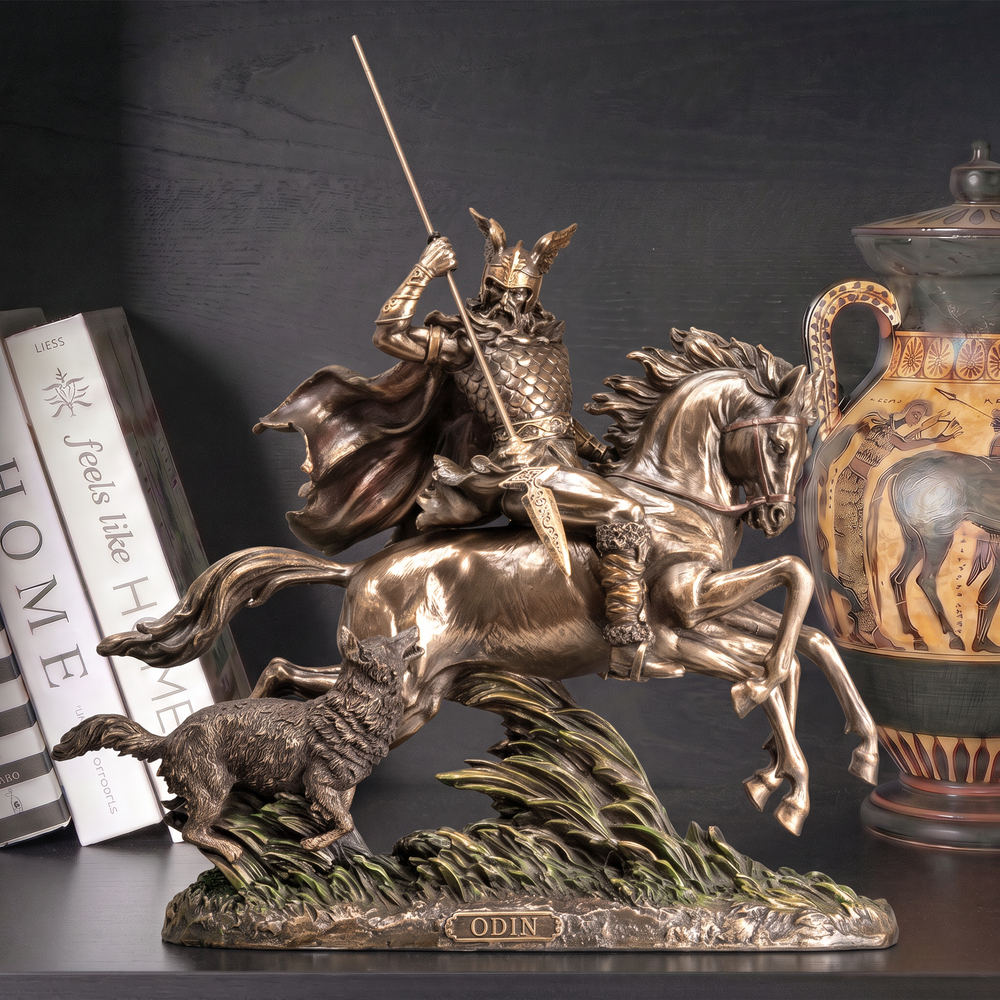Odin Sleipnir hátán szobor — Az északi istenek atyja (Hidegen öntött bronz szobor)