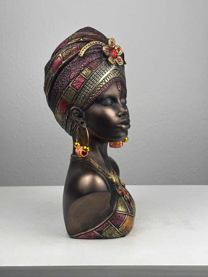 Afrikai Királynő Mellszobor Fejdísszel és Ékszerekkel (Bronz Hatású)