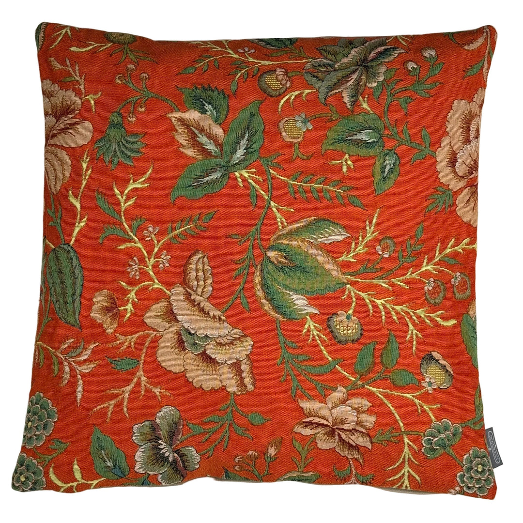 Narancssárga párnahuzat bazsarózsa mintával, botanikai design a Toile de Jouy Múzeumból (jacquard szövés)