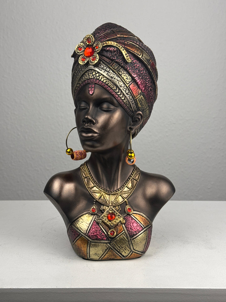Afrikai Királynő Mellszobor Fejdísszel és Ékszerekkel (Bronz Hatású)