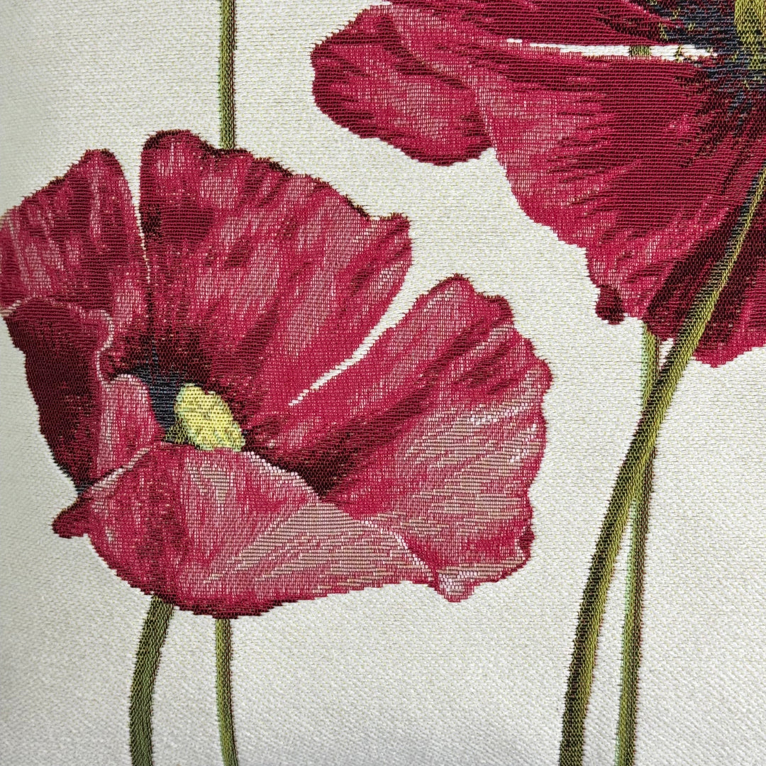 Fehér párnahuzat piros virágokkal, pipacsok (jacquard szövés)