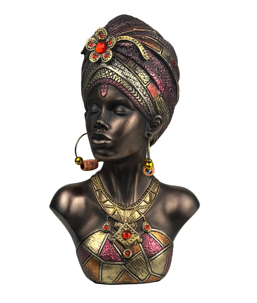 Afrikai Királynő Mellszobor Fejdísszel és Ékszerekkel (Bronz Hatású)