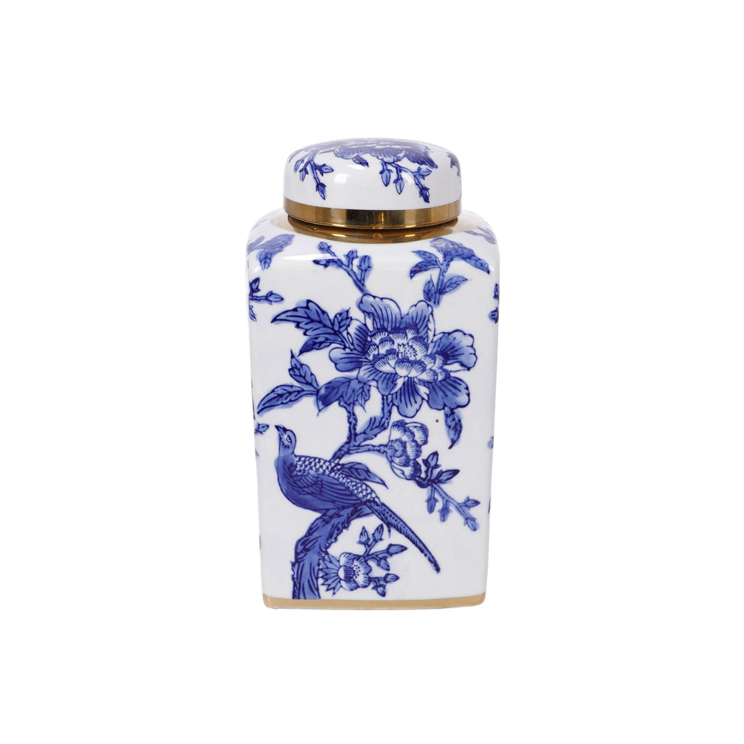 Kék-fehér virágmintás porcelán gyömbéres edény arany peremmel