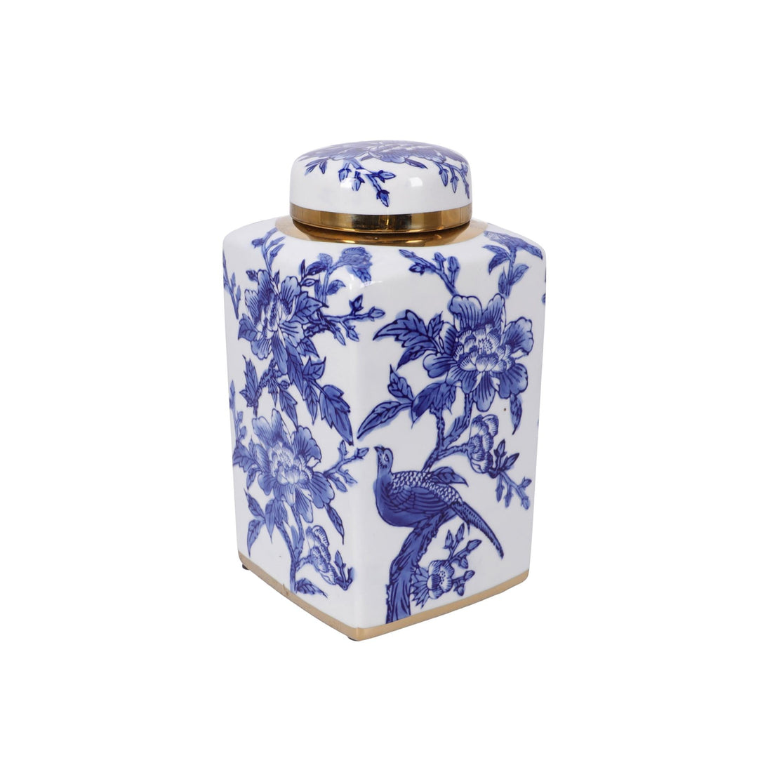 Kék-fehér virágmintás porcelán gyömbéres edény arany peremmel