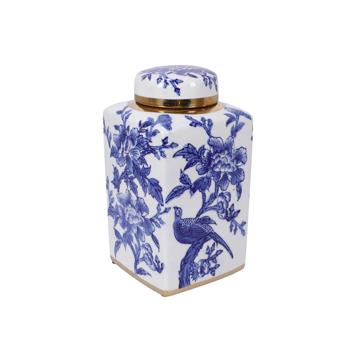 Kék-fehér virágmintás porcelán gyömbéres edény arany peremmel
