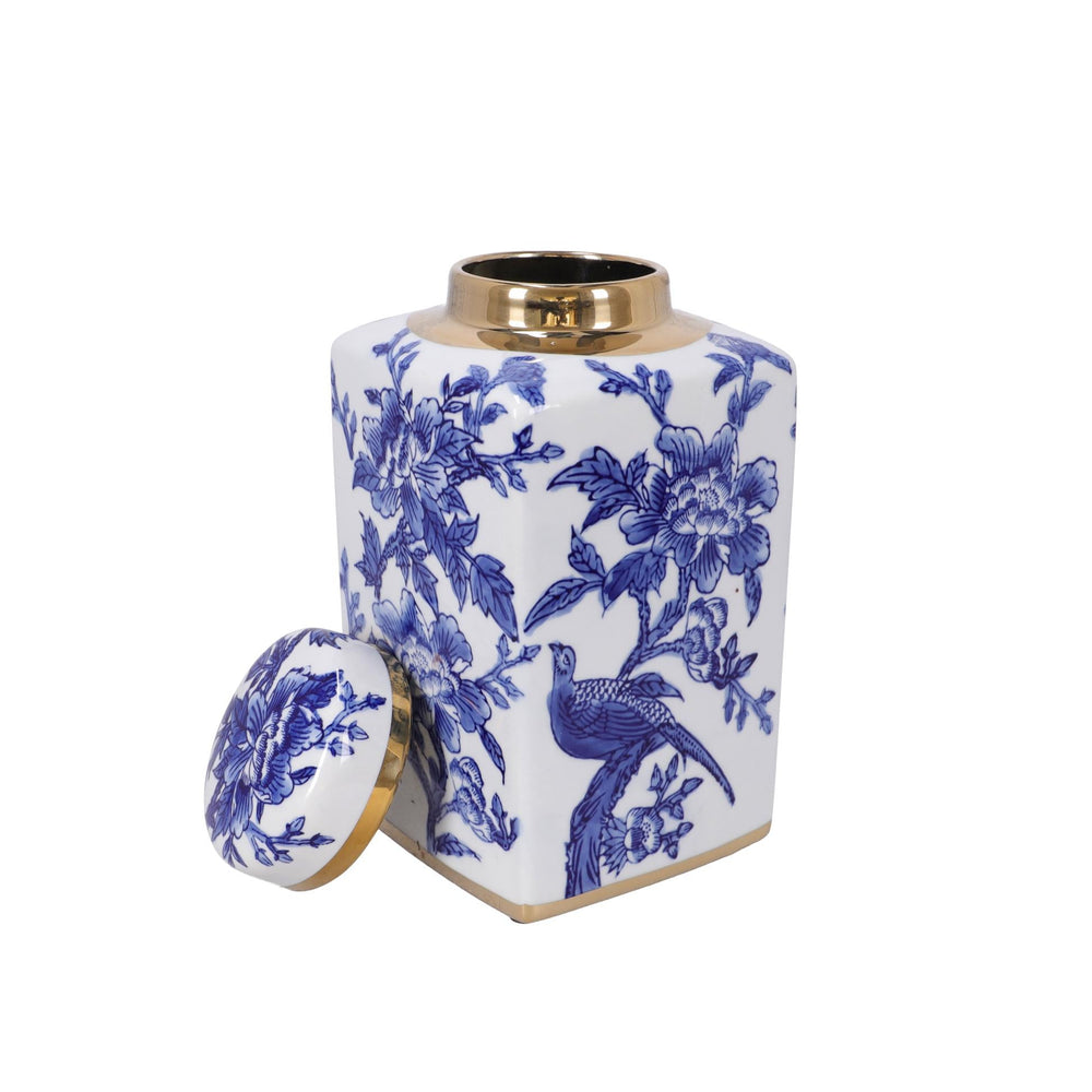 Kék-fehér virágmintás porcelán gyömbéres edény arany peremmel