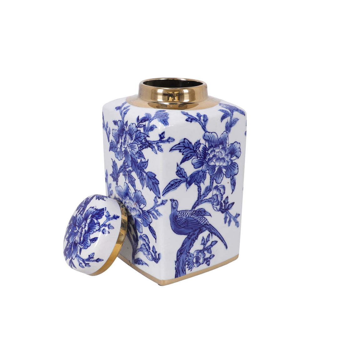 Kék-fehér virágmintás porcelán gyömbéres edény arany peremmel