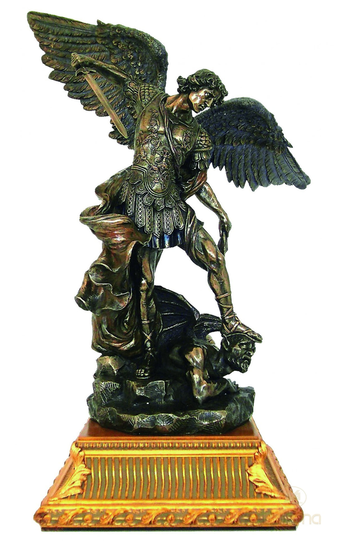 Szent Mihály Bronz Szobor Aranyozott Fa Talapzaton (Nagy – Hidegen Öntött Bronz Szobor)