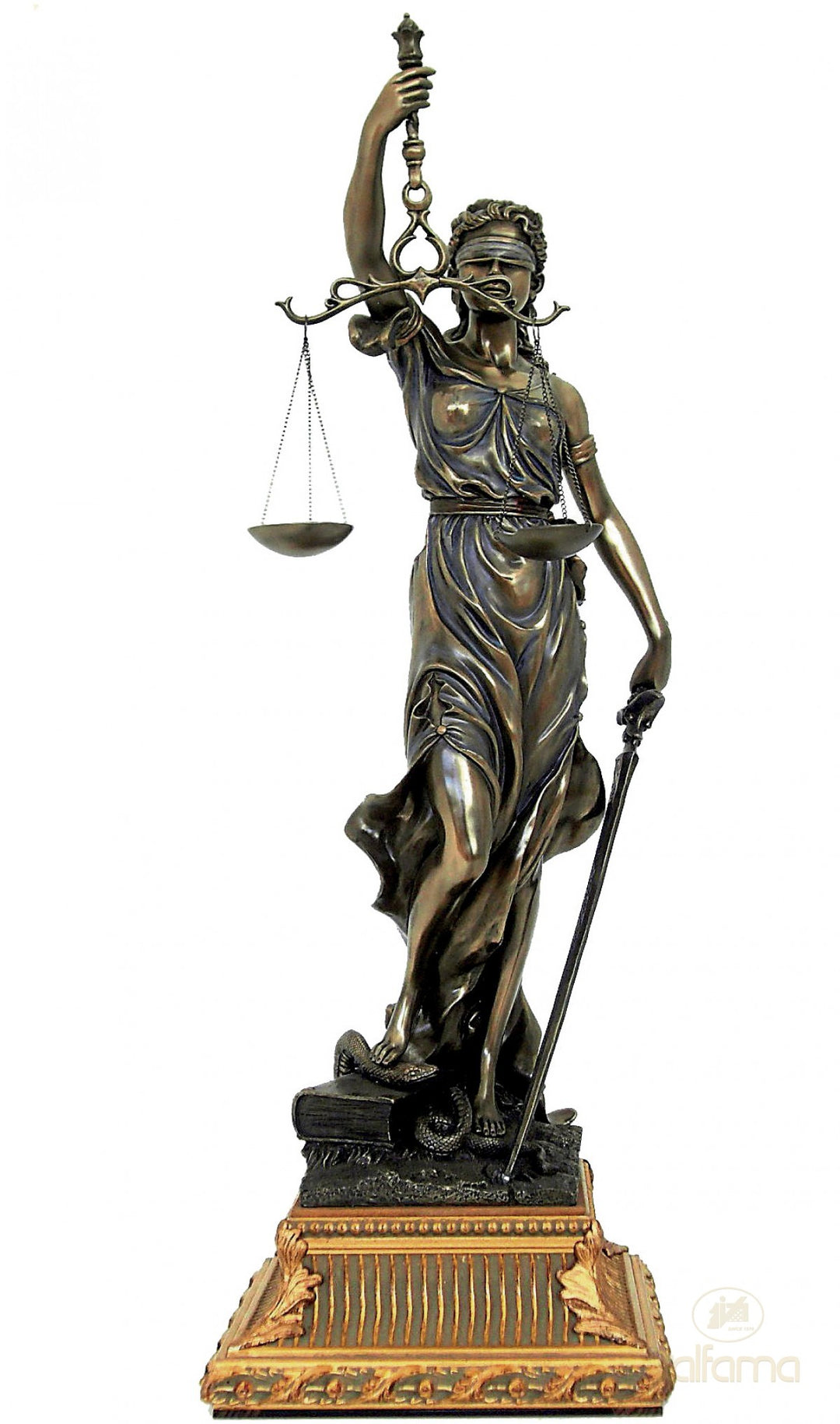 Justitia – Themis Bronz Szobor Aranyozott Fa Talapzaton (Nagy – Hidegen Öntött Bronz Szobor)